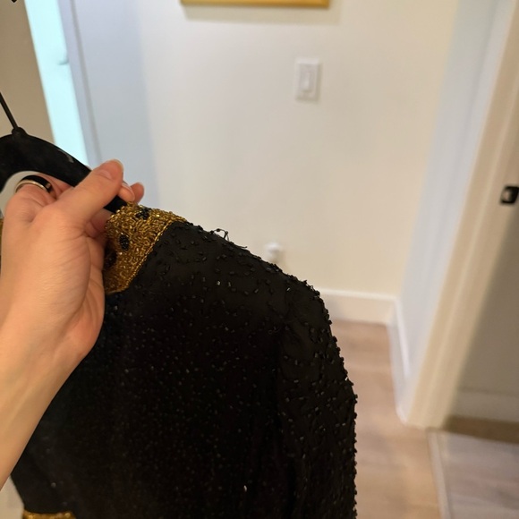 Vintage Stenay 100% Silk Black Gold Beaded Long Sleeve Blouse Evening Elegant LG - Picture 13 of 13